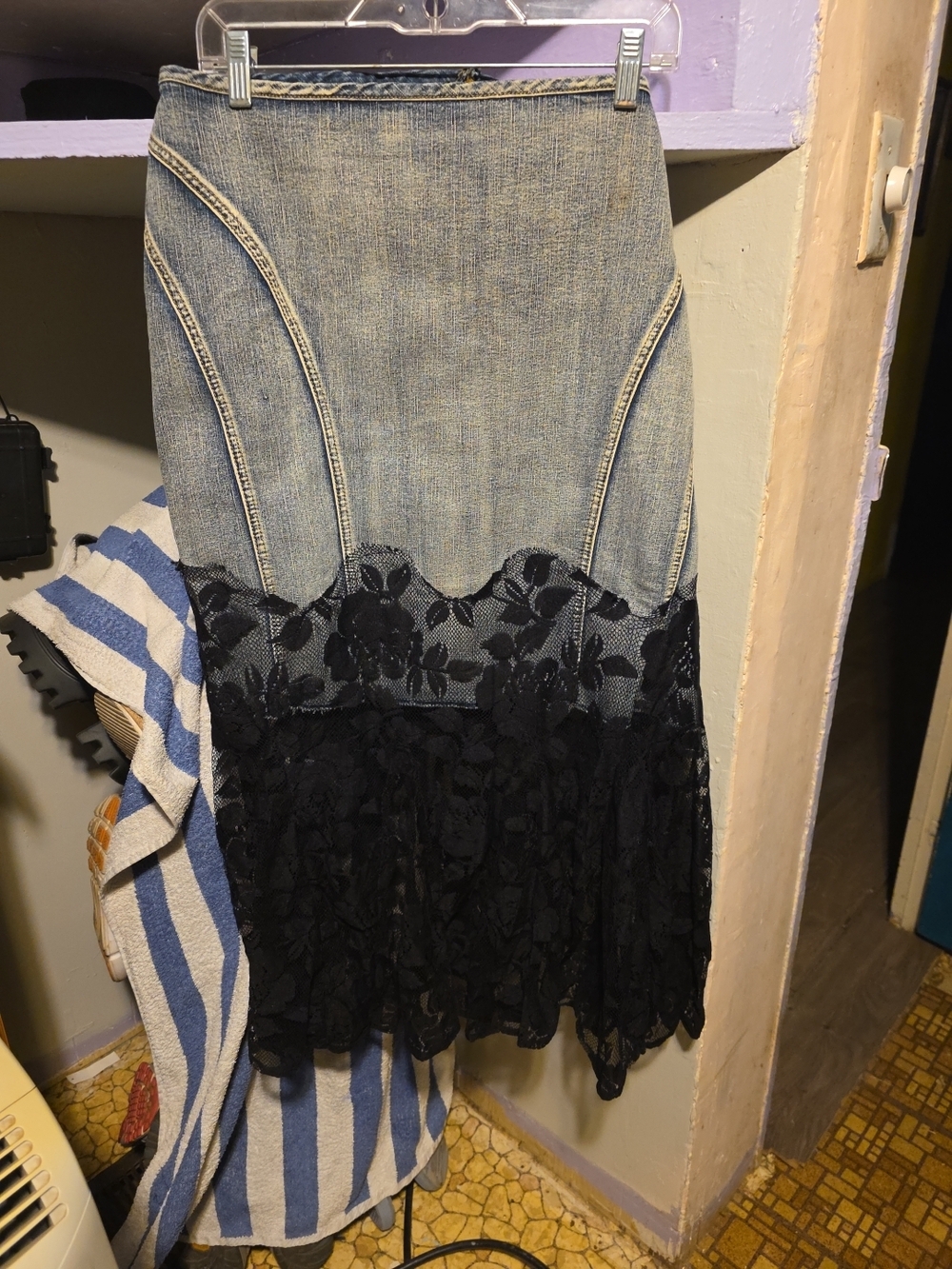 Denim Maxi Skirt with Black Lace Trim